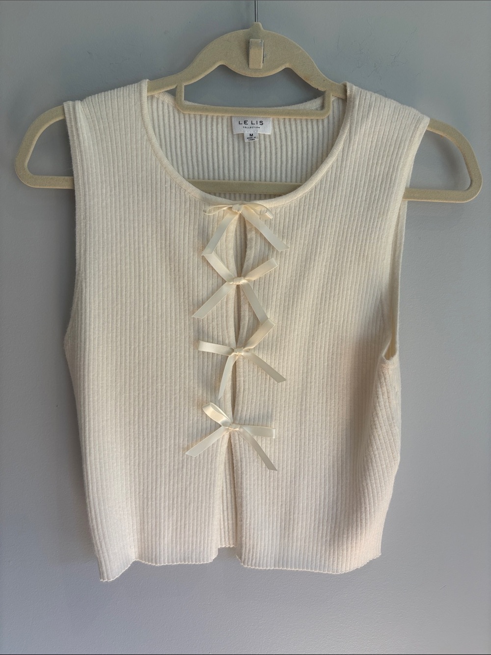 Le Lis Cream Ribbed Tank with Front Ribbon Bows